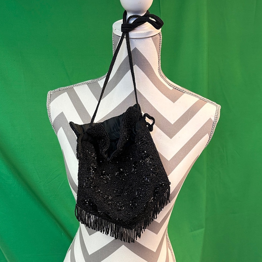 Source Unknown Black Beaded Mini Bag with Fringe